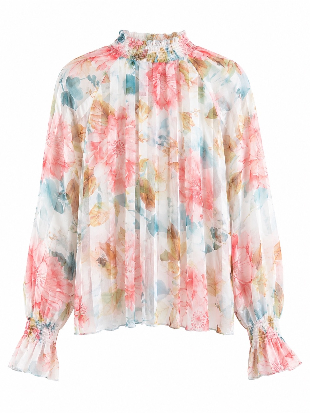 319. SHEIN Floral Smocked Neck Long Sleeve Blouse - Pink Multi